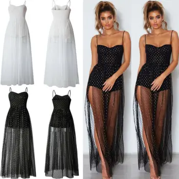 

Fashion Women's Lady Floral Long Maxi Dress Split Evening Party Beach Sleeveless Mesh Sundress Dresses