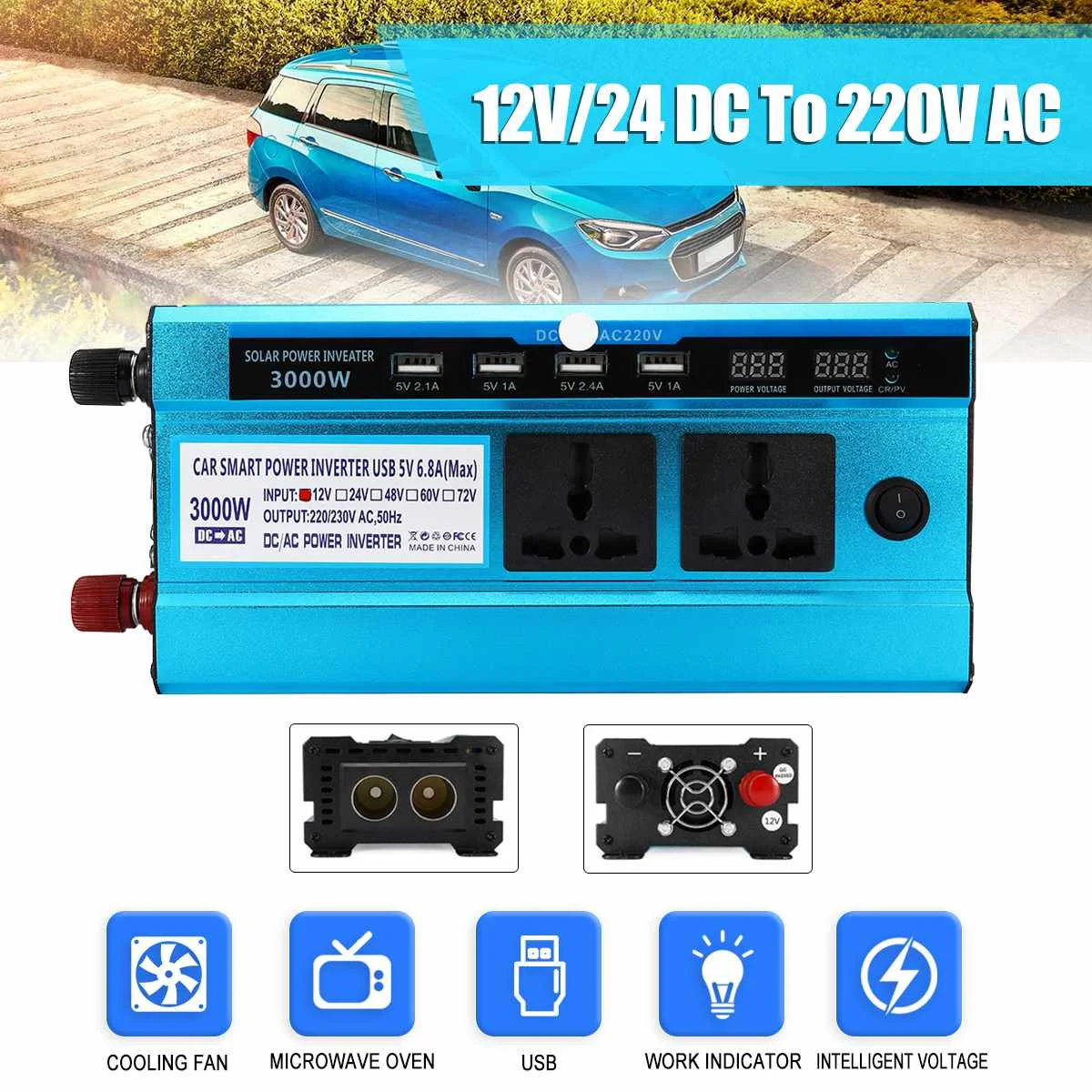 

DC 12/24V to AC 220V P eak 2000W Car LED Solar Power Inverter Sine Wave USB Converter Digital Display Built-in Cooling Fan Light
