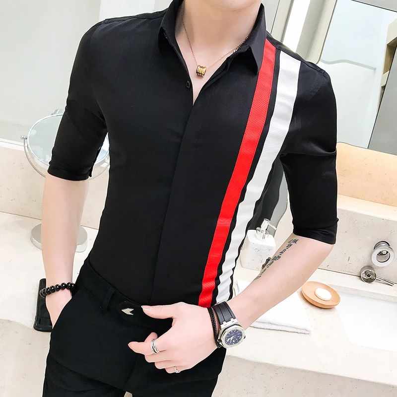 Корейский Для мужчин одежда Летняя мужская рубашка уличная Slim Fit Сращивания Контраст Цвет половины рукав рубашки мужские рубашки в стиле