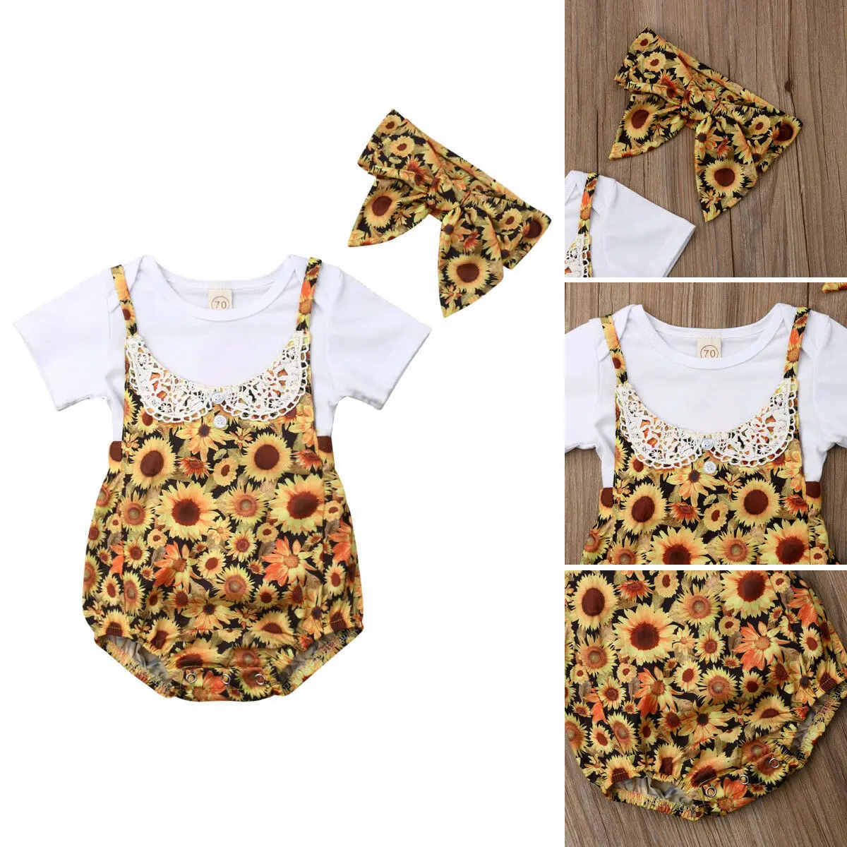 Summer Newborn Infant Baby Girls Ruffles Sunflower Romper Two Pieces