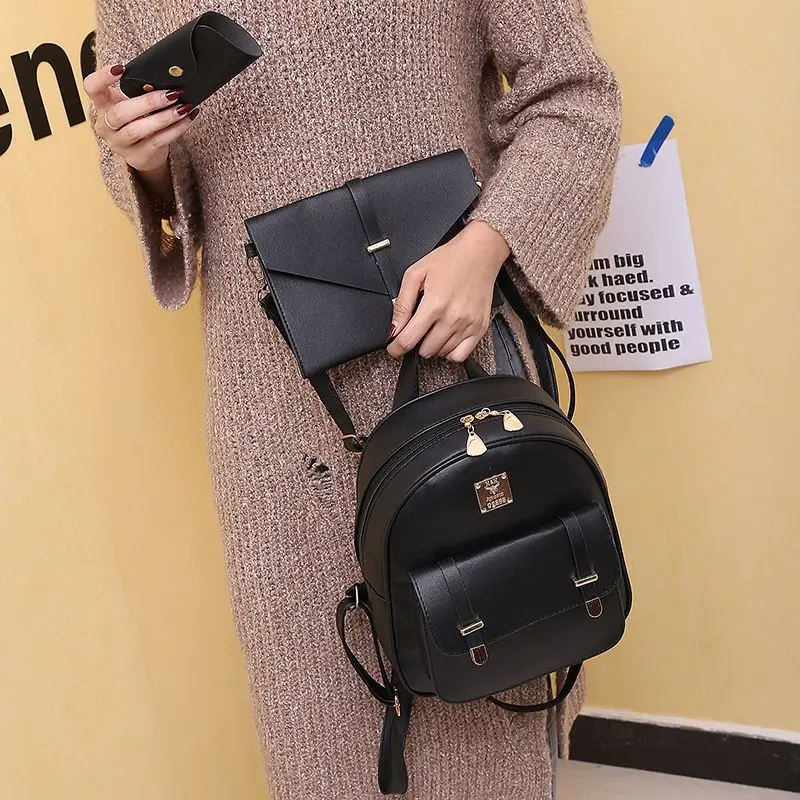 

Women Fashion PU Leather Backpack School Bag Student Backpack Travel Bag Shoulder Bag 3Pcs/Set black