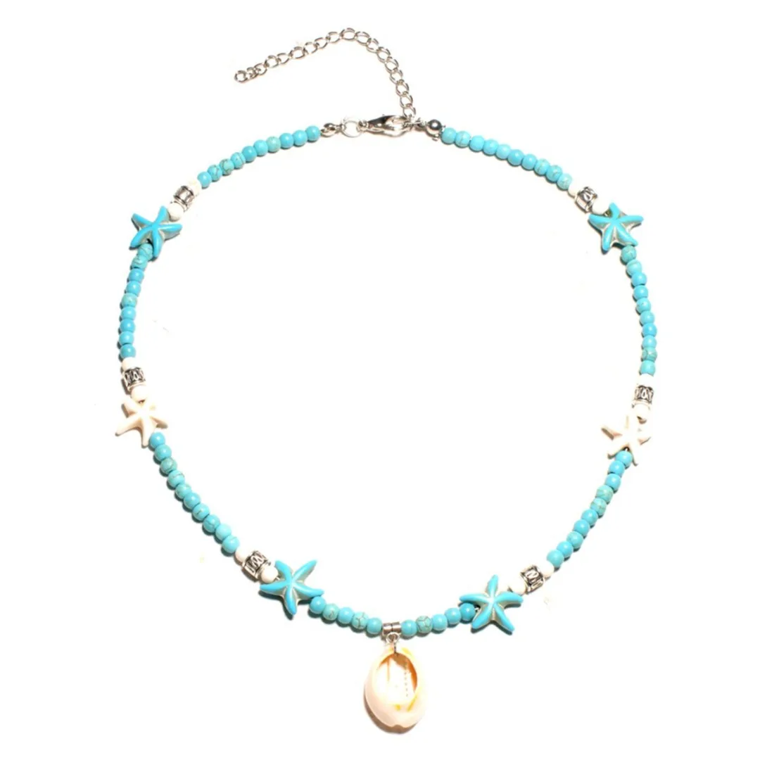 

Bohemia Starfish Shell Natural Stone Beaded Choker Chain Necklace For Women Ocean Beach Party Prom Charm Seashell Conch Necklace