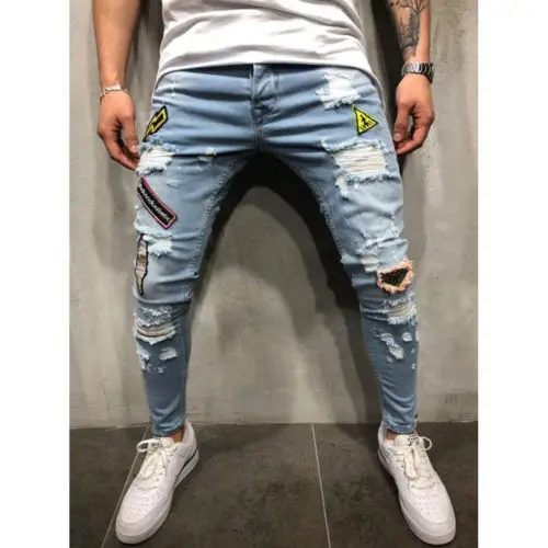 

Men Stretchy Jeans Ripped Skinny Biker Jeans Destroyed Taped Slim Denim Pants CA