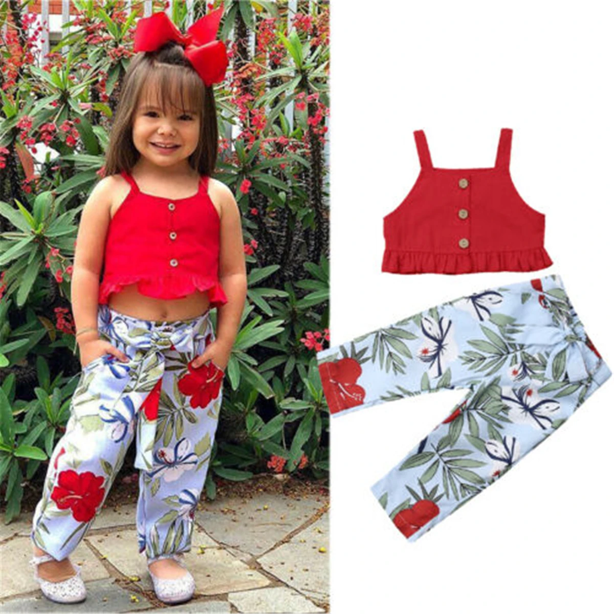 Emmaaby/крутой красный комплект на бретельках для маленьких девочек; топ на бретельках+ длинные штаны с цветочным принтом; летняя одежда