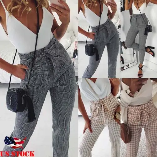 Fashion High Waist Plaid Pant Womens Sweatpants Casual