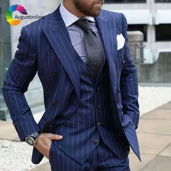 Navy Blue Men Suits Classic Striped Groom Tuxedo Wide Peaked Lapel Slimming Suit 3Piece Custom Made Costume Homme Casual Ternos
Navy Blue Men Suits Classic Striped Groom Tuxedo Wide Peaked Lapel Slimming Suit 3Piece Custom Made Costume Homme Casual Ternos