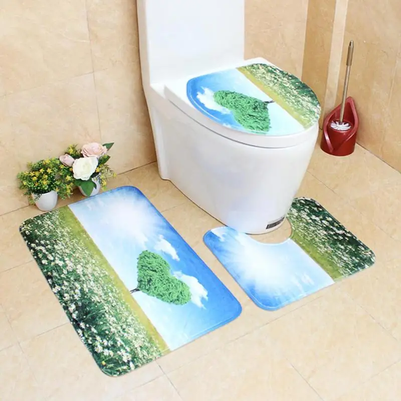 

3 Pcs Nature View Printed Bathroom Mat Set Anti Slip Washable Toilet Cover U Shape Floor Bath Mats Home Bathroom Rugs
