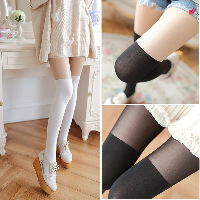 Japanese Girl Patchwork Black Tights Velvet White Striped Stockings 