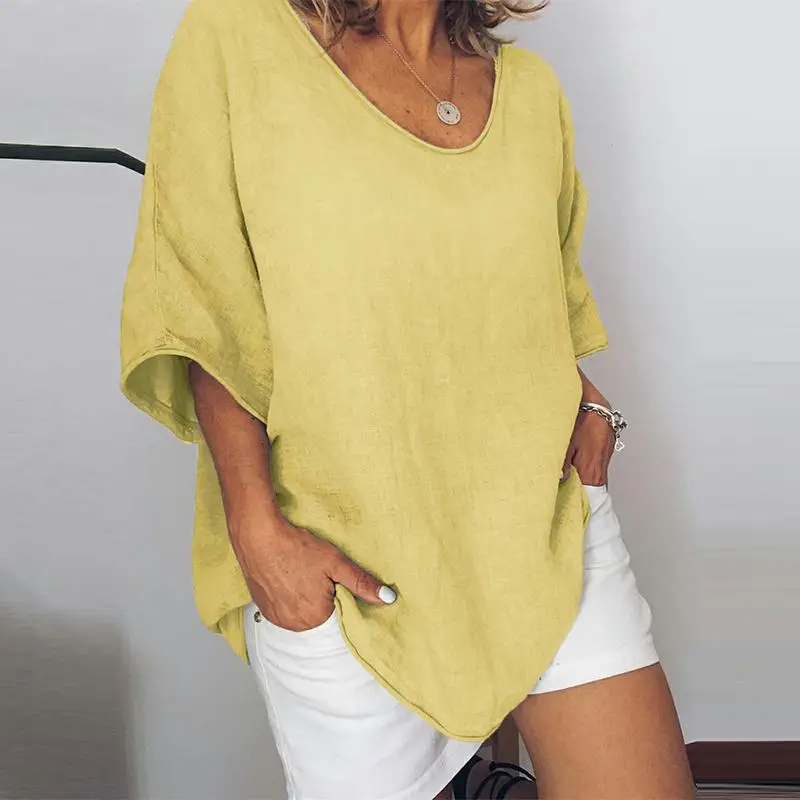 

2019 ZANZEA Summer Tunic Tops Womens Half Sleeve Shirts Female O Neck Basic Tee Solid Shirt Chemise Oversized Stylish Blusas