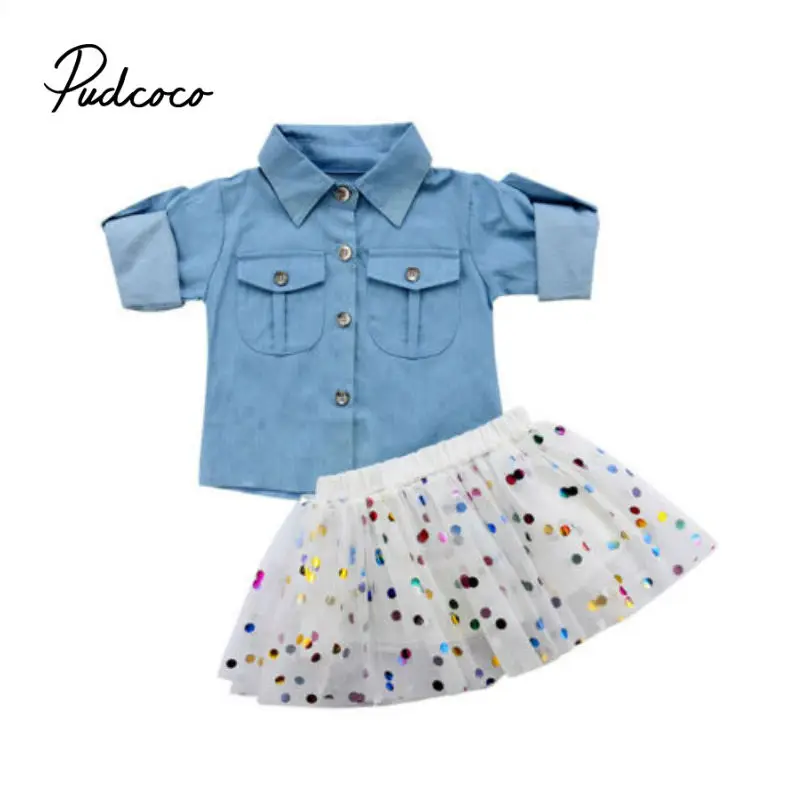 

Girls Clothing Sets New Summer Fashion Style Denim Shirts+Dot Printed Skirt 2Pcs Girls Clothes Sets 2019 New 3M-4T