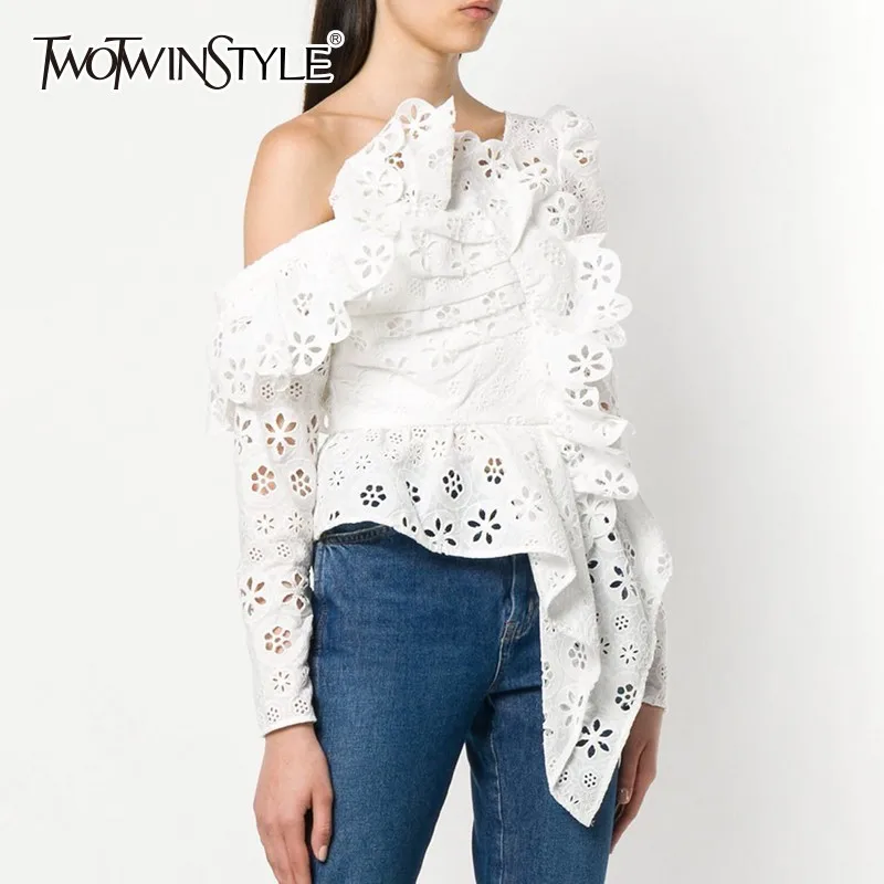 

TWOTWINSTYLE Sexy Off Shoulder Blouse Women Puff Long Sleeve Hollow Out Asymmetrical Lace Tops Female 2019 Autumn Fashion New