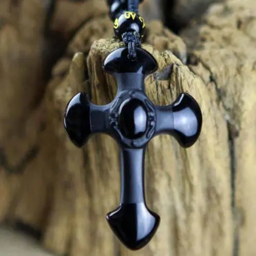 

natural obsidian pendant necklace cross pendant Jesus patron saint