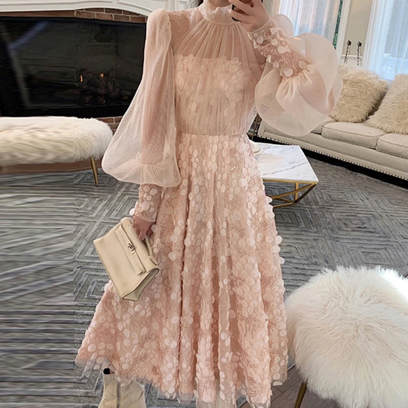 Элегантное розовое платье с блестками и вышивкой, Плиссированные Длинные вечерние платья, весна, Женское Платье макси с рукавами-фонариками, Vestidos