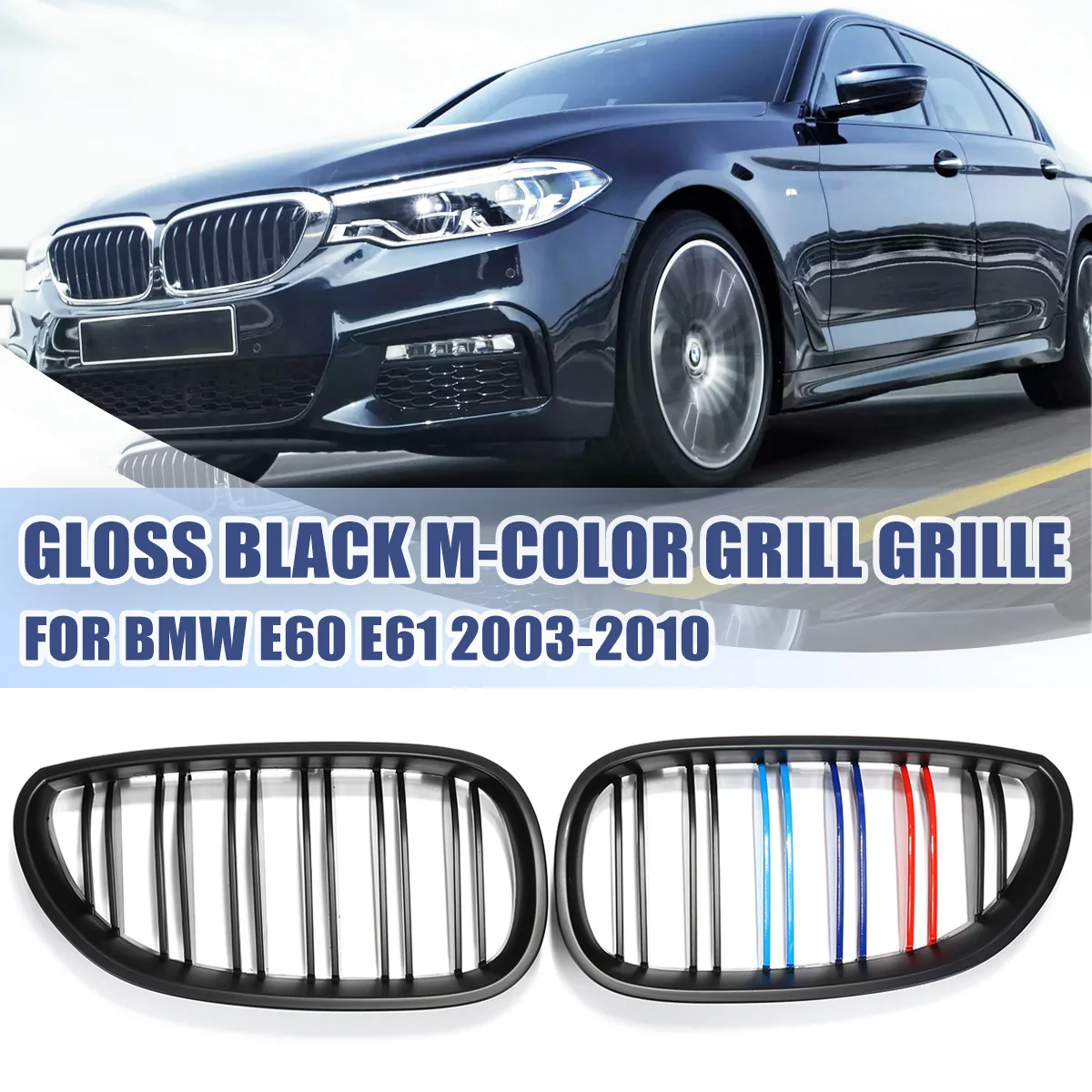 

For BMW E60 2003 2004 2005 2006 2007 2008 2009 2010 Pair New Gloss Black M-Color Double Line Slat Front Kidney Grill Grille