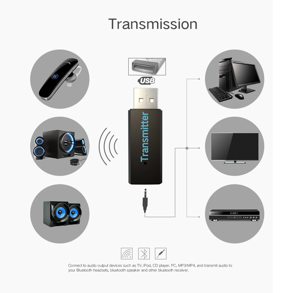 Bluetooth передатчик ТВ аудио стерео музыка USB беспроводной адаптер для Bluetooth наушников ПК 3,5 мм AUX Bluetooth адаптер Отправитель