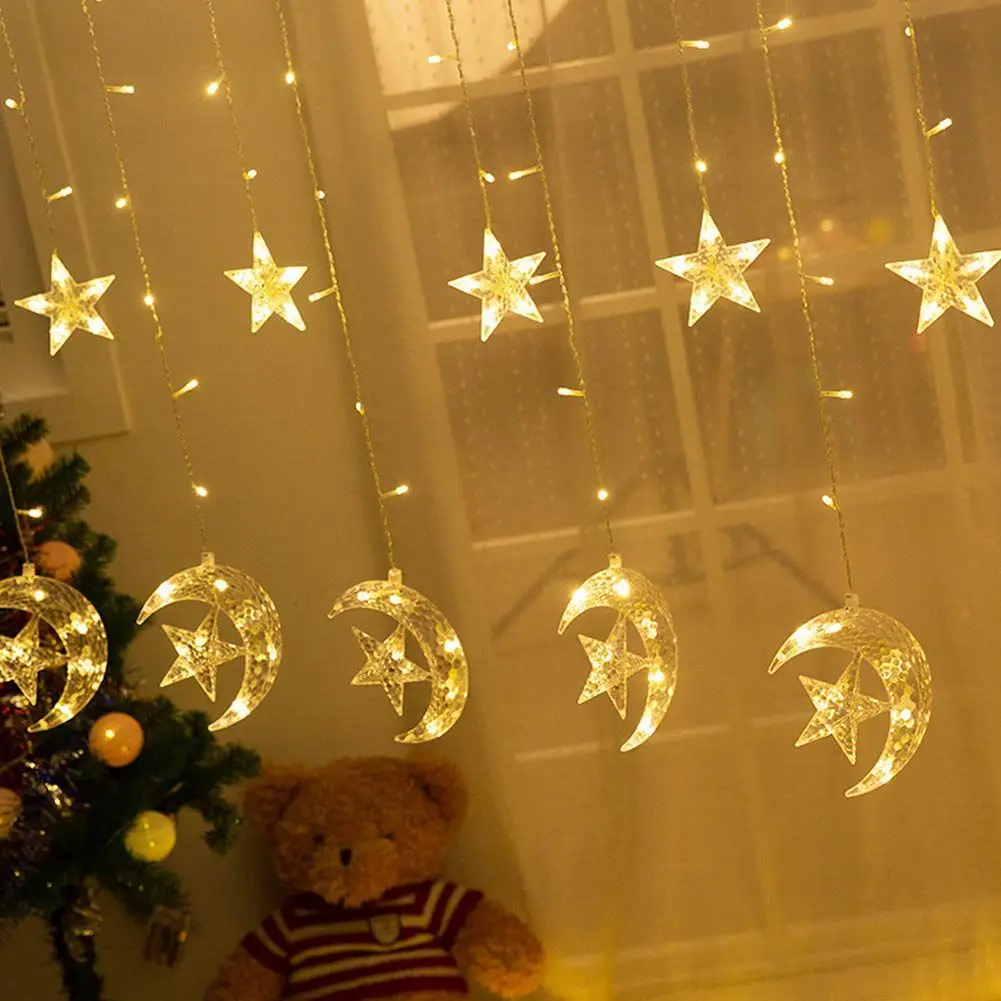 138 LED Star Moon Curtain String Lights Window Curtain Lights with 8