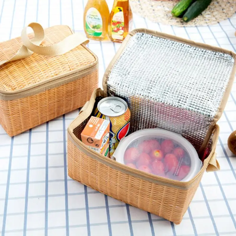 

Portable Imitation Rattan Lunch bag Thicker insulated bag Insulated Canvas Lunch Bag Fold Thermal Food Storage Basket