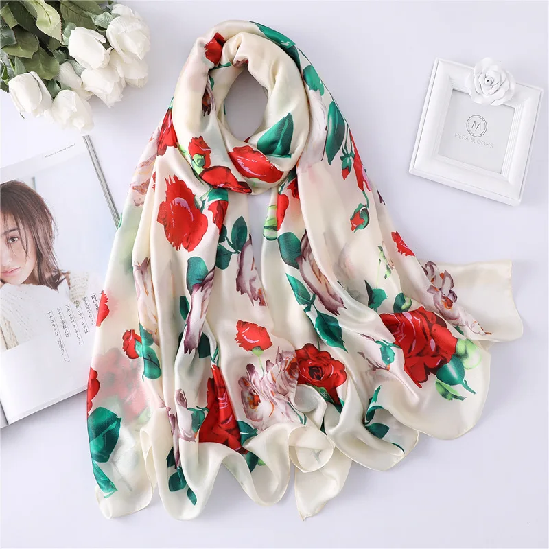 

Sweet printed silk scarf rose pattern scarf ladies spring summer sunscreen shawl simulation silk winter scarf