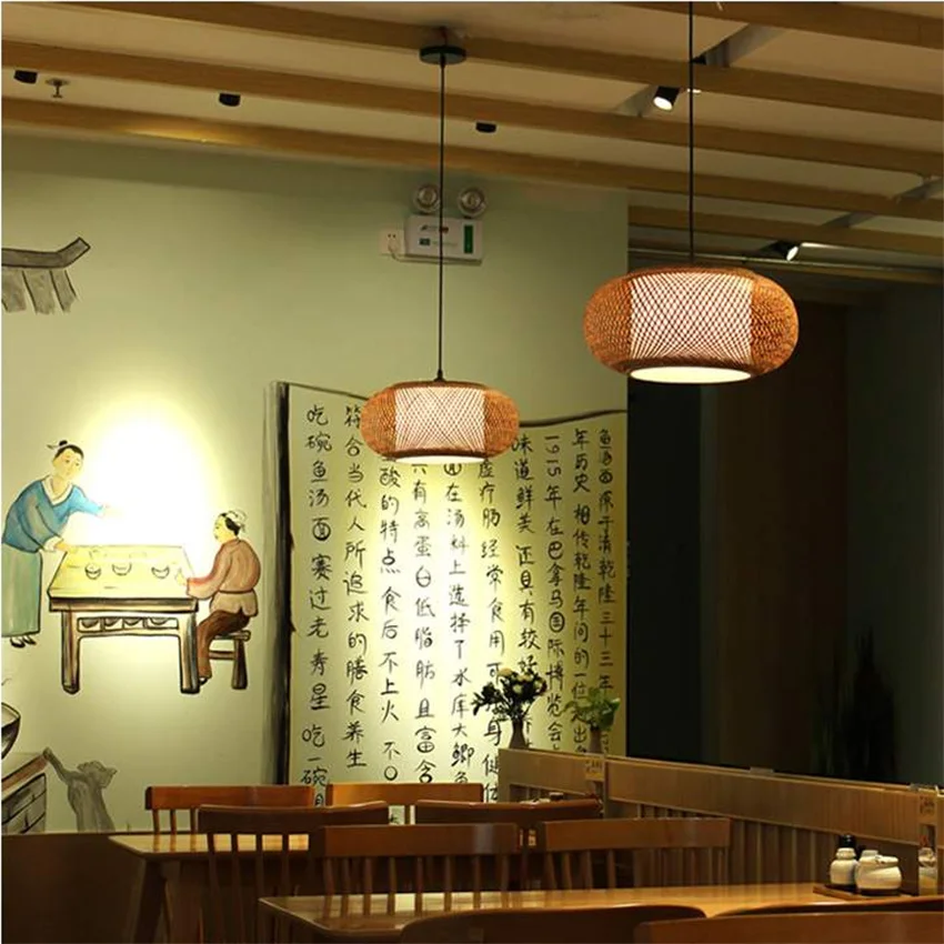 

China Wood Pendant Lamps Hand Knitted Bamboo Rattan LED Pendant Lights Fixture Rustic Tatami Hanging Lamps Luminaria Dining
