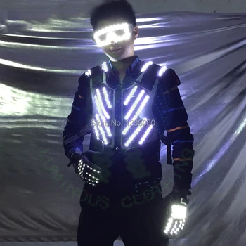 

Free Shipping LED Lighting Armor Waistcoat Luminious Armour With Led Glasses Gloves For Night Club Birthday Party KTV Guard