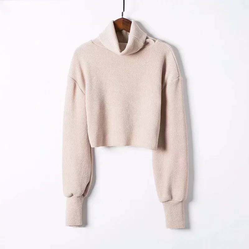 

New Fashion Women Long Sleeve Knitted Pullovers Casual Turtleneck Crop Tops Autumn Winter Basic Solid Sweater