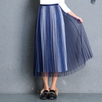 

Women Long Maxi Pleated Skirt Korean High Waist Tulle Flash Gilded Gradient Gauze Skirt Spring Plus Fast size