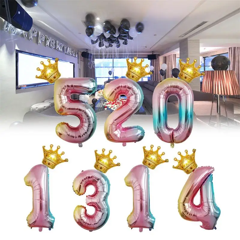 

32-Inch Gradient Number Foil Crown Balloon Set Aluminum Film Digital Balloon Birthday Party Decoration