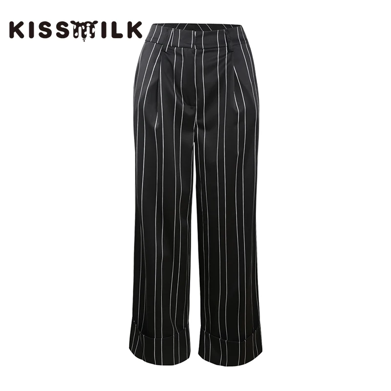 

Kissmilk Plus size simple commute slimming leg length loose casual striped wide leg pants without belt