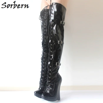 

Sorbern 2018 Woman Boots Black 18CM Wedge High Heel Sexy Buckle Strap Ballet Boots Fashion Lace Up Fetish Over-The-Knee Long Boo
