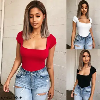 

Sexy Women's Square Neck Blouse Plunge Stretch Bodysuit Leotard Tops Jumpsuit
