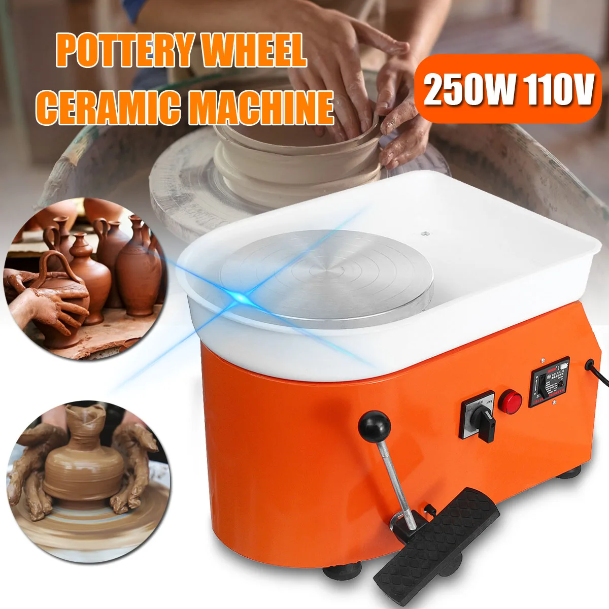 

250W Electric Pottery Wheel 110V/220V Pottery Forming Machine Ceramic Work DIY Clay Tool with Tray + Foot Pedal for Home Use