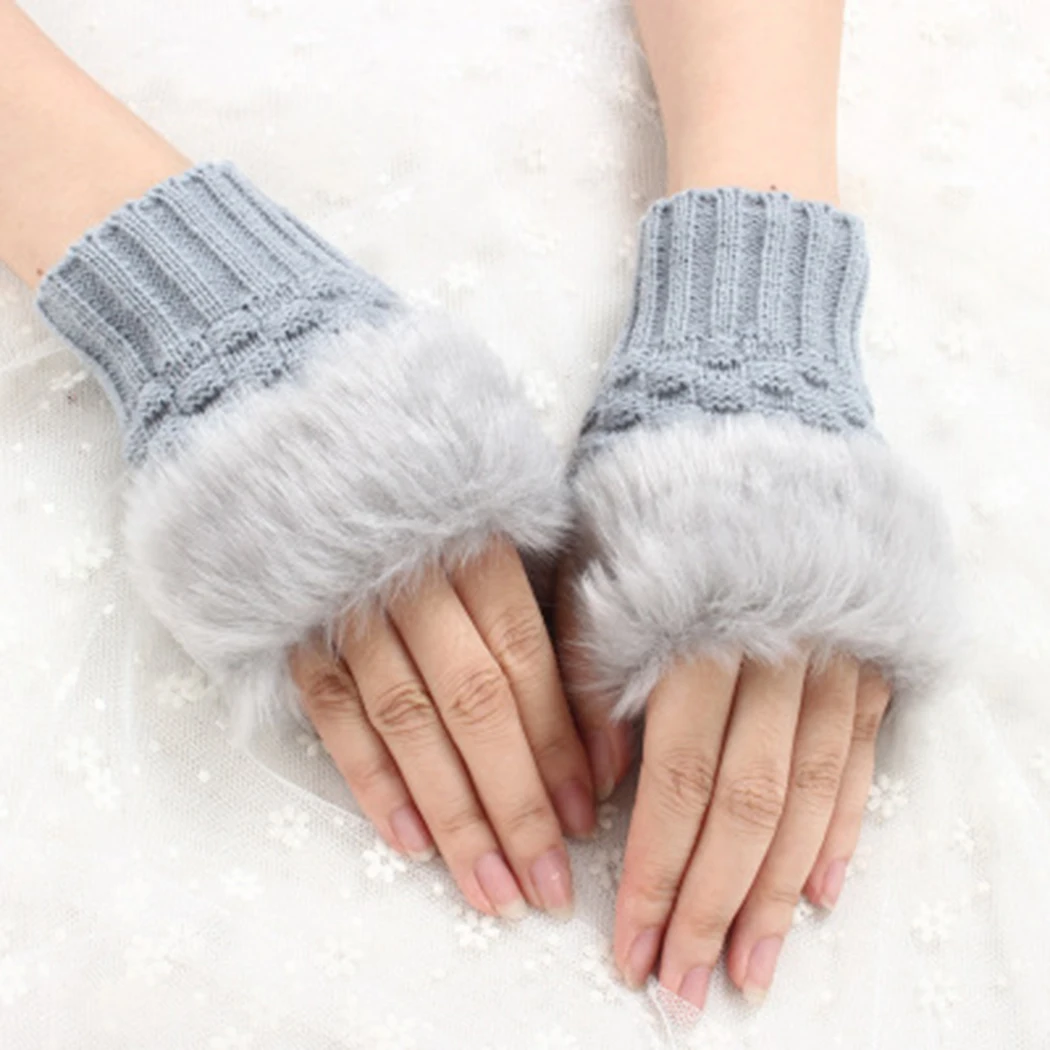 Winter Warm Knitted Wool Fingerless Gloves Women Faux Fur Mittens Gloves Female Girls Fur/Villi