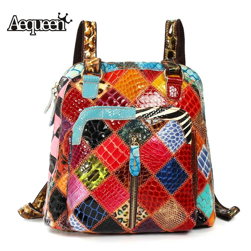 

AEQUEEN Women Genuine Leather Backpack Female Leather Sheepskin Vintage Ladies Shoulder School Bags Colorful Random Patchwork