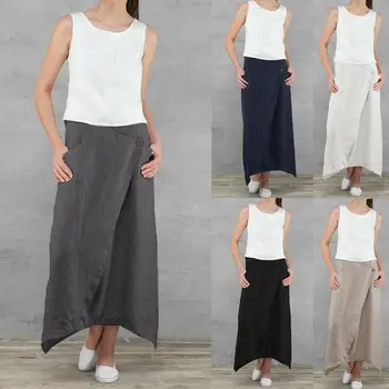 

Chic Elegant Women Linen Straight Long Skirt Solid Color High Waist 2020 Spring Summer Japanese Maxi Cotton Jupe Button Female