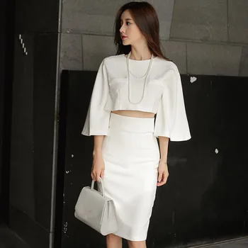 

Fashion Elegant O Neck Women 2 Piece Set Summer Office Lady Short Crop Top Slim Solid Pencil OL Skirt Set