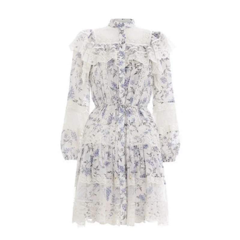 

Fashion Print Lace Patchwork Bud Knee Women Dress Lantern Sleeve Empire Stand Sweet Chic Bod Dress 2019 Summer Party Clothes