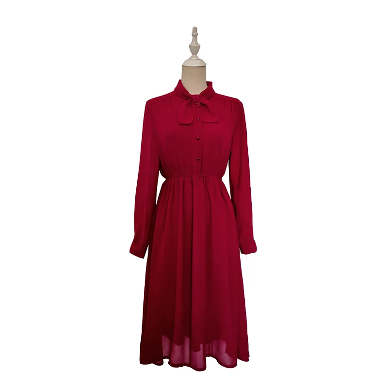 

2019 New Spring Vintage Women dress Bow Full Sleeve Chiffon Slim Collect Waist In Long Dresses Red 3395