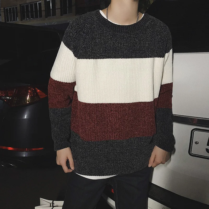 

Men's pullover 2019 autumn and winter new M-3XL round neck contrast color sweater loose trend wild casual men's clothing