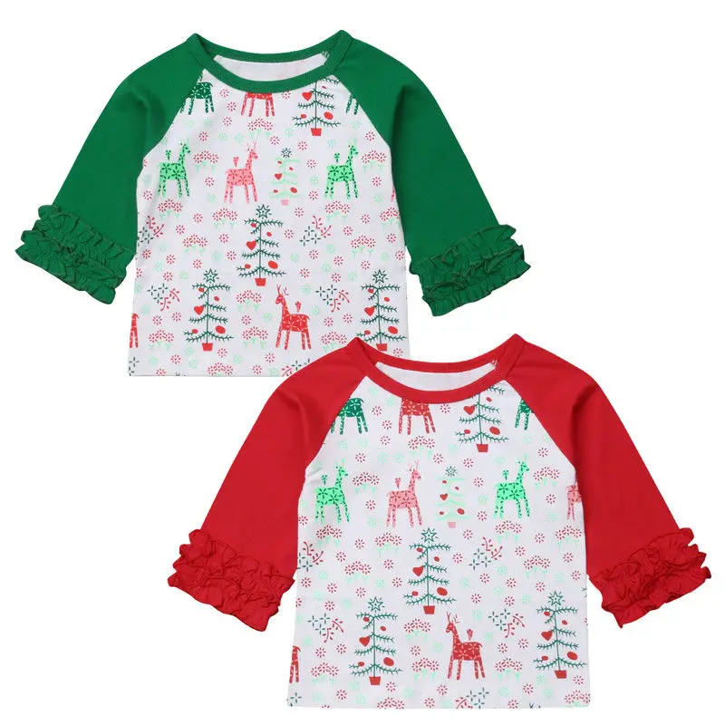Малыш для маленьких мальчиков девушка Рождественская елка с принтом оленя рюшами с длинным рукавом Теплые Топы футболка хлопок