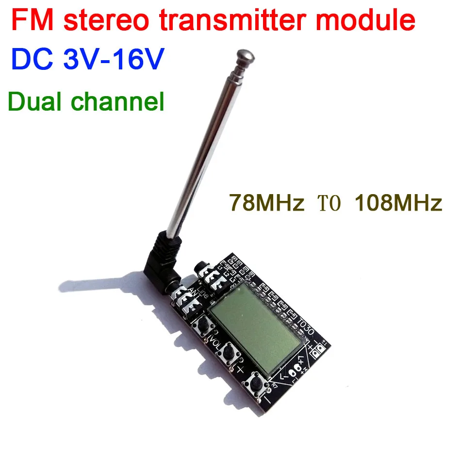 

Digital LCD Dual channel FM stereo transmitter wireless audio transmission frequency 76MHz--108MHz + antenna dc 3v-16v