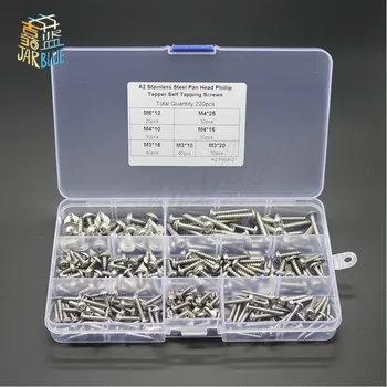 

220pc M3 M4 M5 304 Stainless Steel Pan Head Cross Tapper Self Tapping Screws