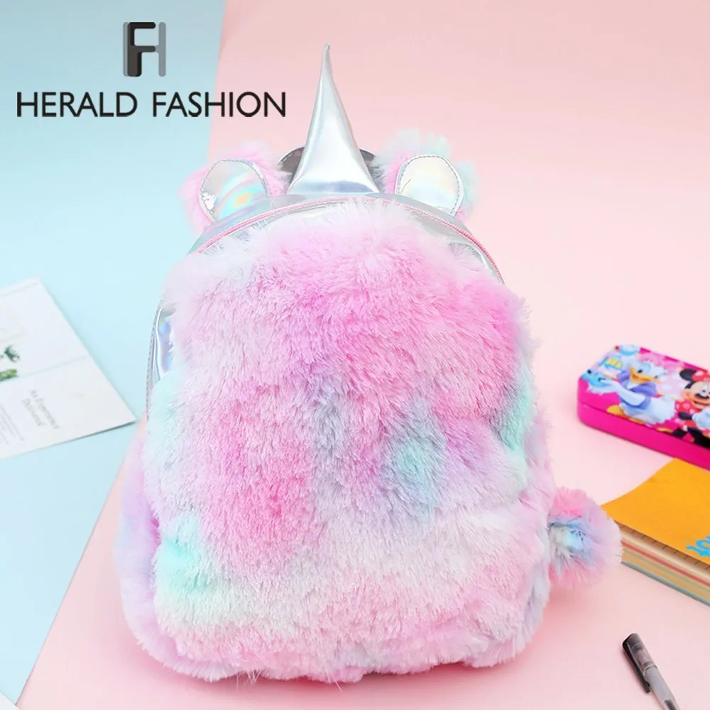 

Herald Fashion Winter Unicorn Backpacks For Women Teenages Girls Colorful Fur Leather Schoolbag Female Travel Shoulder Mochila