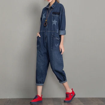 

Denim Jumpsuit women Baggy Long Sleeve Button denim Playsuits turn-down collar Jean Rompers Loose star print Cowboy One-piece