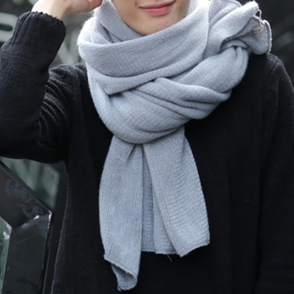Мужской Одноцветный шарф, вязаный кашемировый унисекс толстый теплый зимний длинный шарф, мужской модный черно-белый зимний шарф серого цвета на каждый день