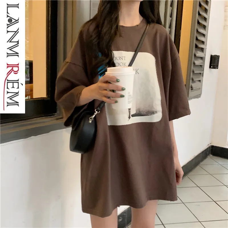 

LANMREM 2019 Spring Summer New Loose T-shirt For Women O-neck Half Sleeve Print All-match Female Large Size Casual Tops QF207