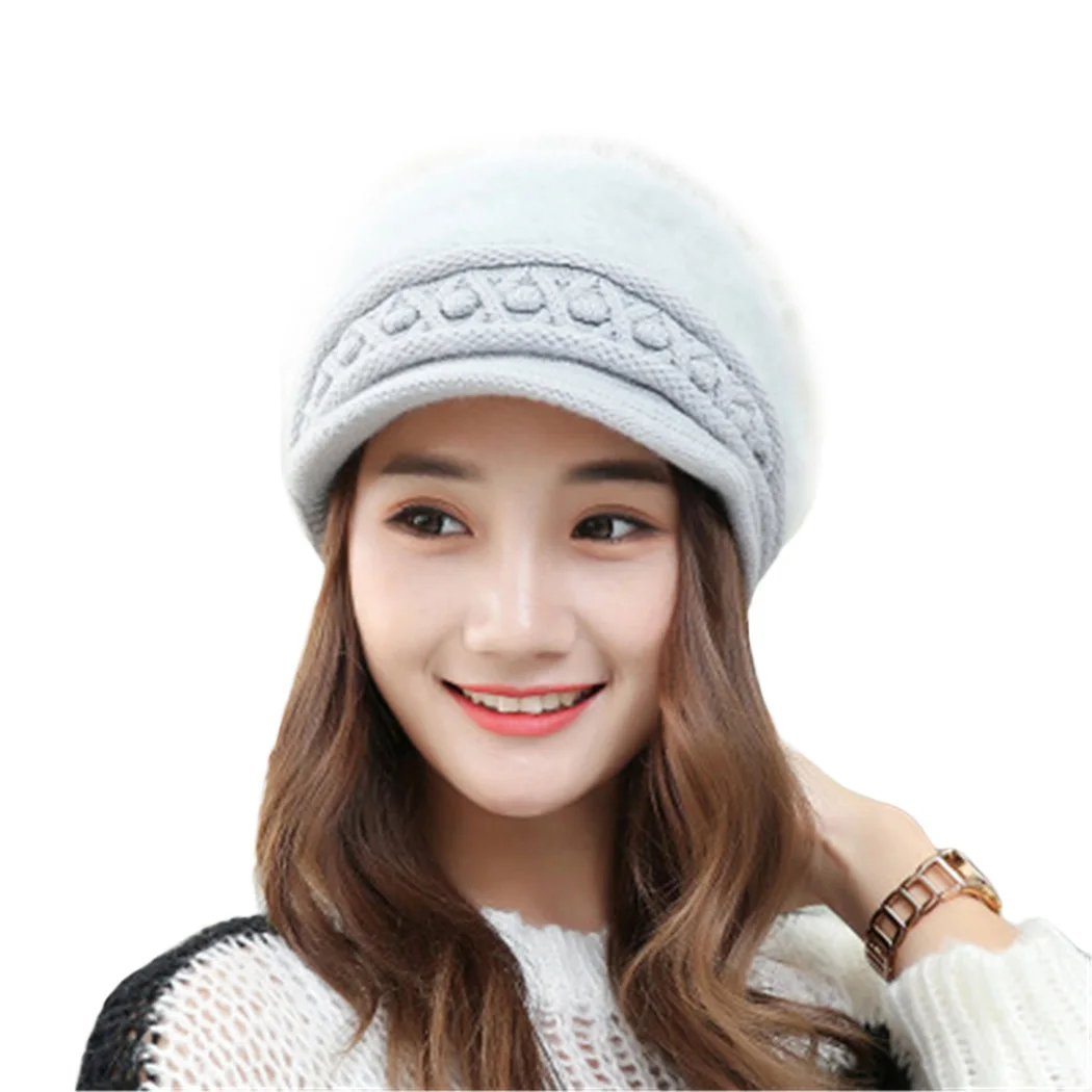 Ladies Solid Color Knitted Beanie Hats Fashion Rabbit Fur Hat Beret