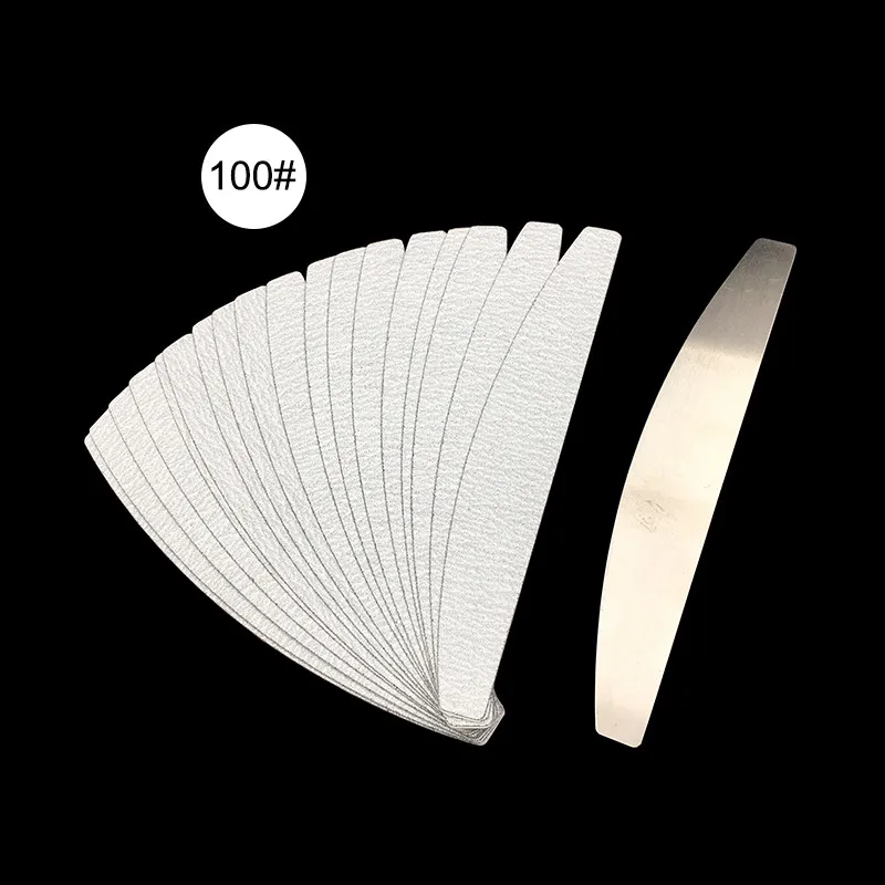 50pcs 100/180 스테인레스 스틸 양면 하프 문 네일 파일 네일 아트 미용 도구 용 제거 가능한 사포 교체