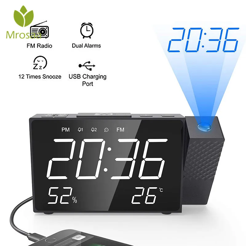 

Projection Alarm Clock Digital FM Radio Snooze Time Humidity Temperature LED DisPlay Dual Alarm Projecter Desktop Table Clocks