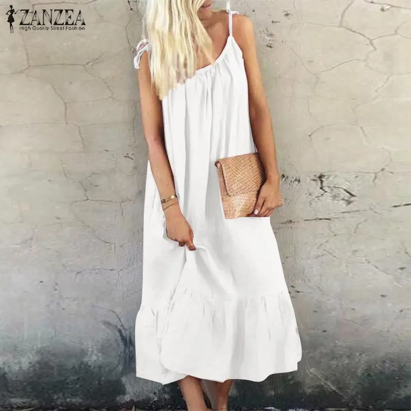 

S 5XL ZANZEA Women Solid Ruffled Party Dress 2019 Summer Sleeveless Cotton Linen Vestido Casual Long Maxi Sundress Robe Femme