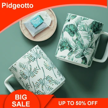 

Nordic INS style small fresh green plants beige mug large capacity ceramic breakfast cup office couple coffee mugs with lid gift